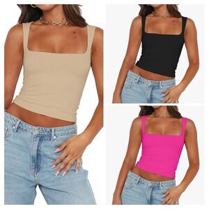 Abardsion 3 Women’s Sexy Crop Top Square Neck Sleeveless Double Layer Tank Tops